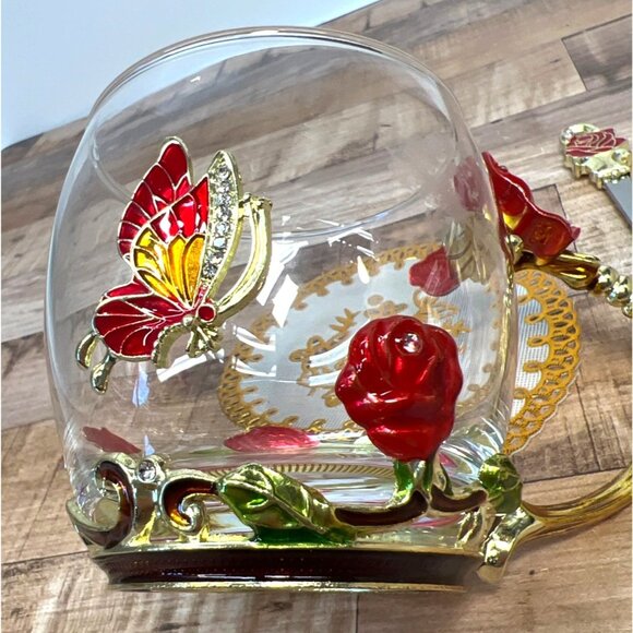 ARC Glass Mug Cup with Metal Red Roses & Butterfly and Spoon - Picture 5 of 8